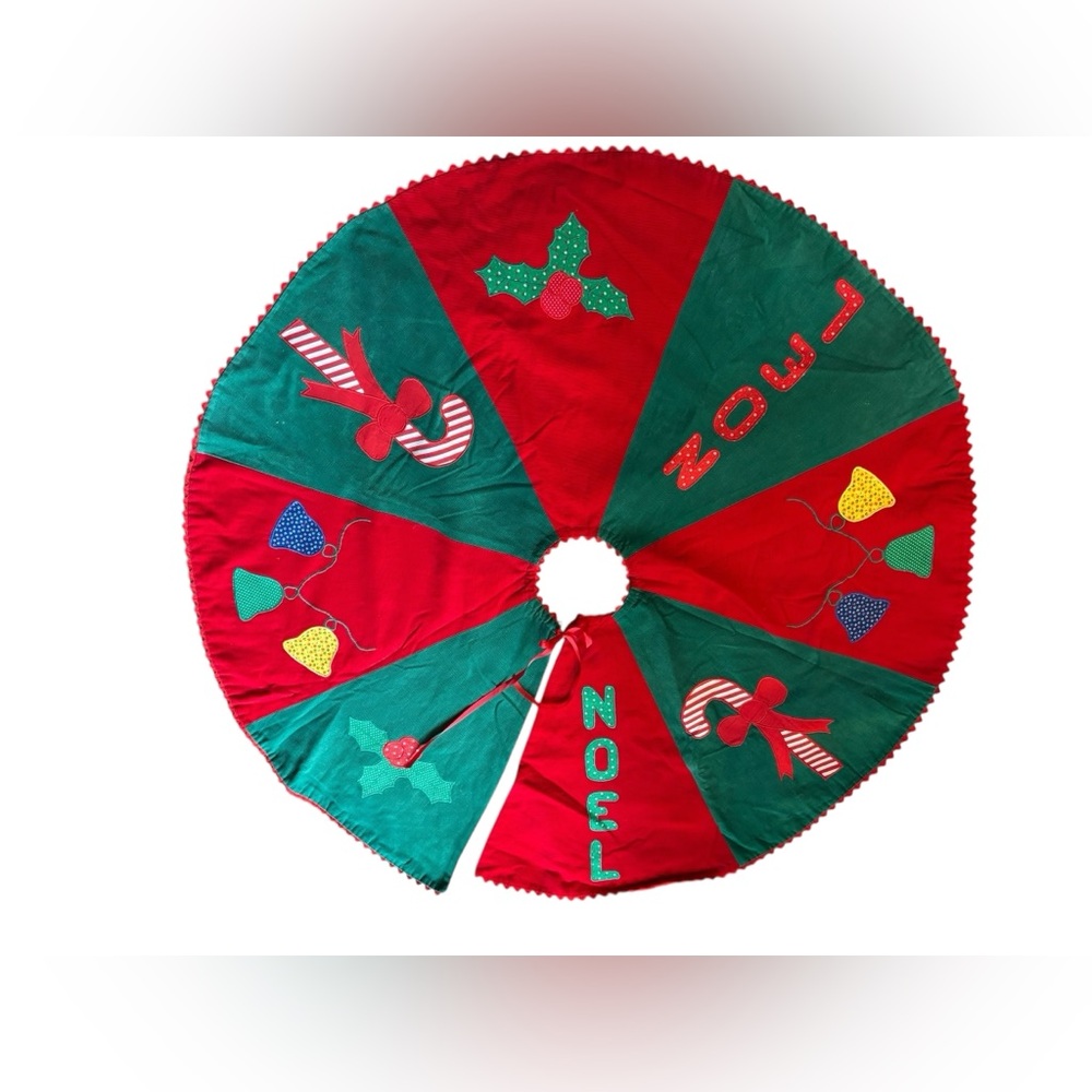Handmade VTG Large Corduroy Holiday Tree Skirt Appliquéd Bells Candy Cane Wreath
